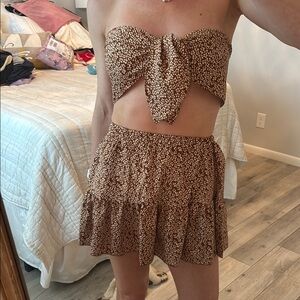 SHEIN Tan and Brown Skater Mini Skirt Tie Front